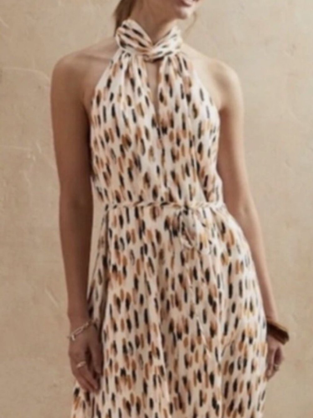 Banana Republic High Neck Twist  Front Midi Dress Cream Gray Mustard Artsy Sz M